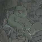  2022 balls belly bookshelf cellphone detailed_background furniture genitals hi_res horn humanoid humanoid_hands inside kemono male moobs navel nipples orc overweight overweight_male penis phone sitting small_penis smartphone smoking solo taistone_tw 
