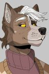  absurd_res anthro black_nose brown_body brown_fur brown_hair bust_portrait canid cheek_tuft eyebrows facial_tuft front_view fur glistening glistening_eyes glistening_nose grey_background grey_body grey_fur grey_inner_ear_fluff hair hi_res imperatorcaesar inner_ear_fluff male mammal mouth_closed narrowed_eyes portrait simple_background smile solo tuft unsigned white_eyebrows white_hair 