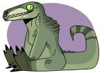  anthro dinosaur green_body green_tail grin imperatorcaesar looking_at_viewer male markings pupils reptile scalie sharp_teeth side_view simple_background sitting slit_pupils smile solo spots spotted_body striped_markings striped_tail stripes tail_markings teeth 