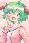  1girl animal_ears bangs dog_ears fang green_eyes green_hair kasodani_kyouko kudami_rido long_sleeves looking_at_viewer one_eye_closed open_mouth painting_(medium) short_hair simple_background smile solo touhou traditional_media upper_body watercolor_(medium) 