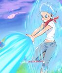  1boy 1girl aura beerus blue_eyes blue_hair blue_pants boots bulma cowboy_boots denim dragon_ball dragon_ball_super earrings energy_beam english_commentary eymbee fingernails fleeing flying flying_nimbus fortnite furry furry_male gameplay_mechanics highres jeans jewelry kamehameha neckerchief out_of_frame pants red_nails shirt solo_focus t-shirt teeth 