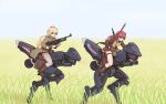  2girls alternate_costume awsaedmd blonde_hair breasts brown_footwear clear_sky closed_mouth double_bun dragoon_(girls&#039;_frontline) english_commentary girls&#039;_frontline grass green_eyes gun hair_bun highres holding holding_sword holding_weapon large_breasts long_hair long_sleeves looking_ahead m1918_(girls&#039;_frontline) m1918_bar machine_gun multiple_girls open_mouth outdoors pink_hair pleated_skirt riding riding_machine rifle robot skirt sky sword weapon wz.29 wz.29_(girls&#039;_frontline) 