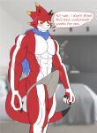  abs anthro bandai_namco betelgammamon blush claws clothed clothing digimon digimon_ghost_game erection erection_under_clothing flameydragonwasp hi_res horn male muscular muscular_anthro muscular_male pecs red_body scarf solo tenting underwear yellow_eyes 