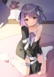  1girl absurdres arms_between_legs bangs bare_shoulders bed black_ribbon blurry blurry_background blurry_foreground closed_mouth collarbone commentary dot_nose feet forehead ghost_hair_ornament hair_ornament highres long_sleeves looking_at_viewer off_shoulder purple_hair ribbon shinomiya_runa short_hair sitting sleeves_past_wrists smile socks soles solo sparkle stuffed_animal stuffed_cat stuffed_toy t0hkiji thigh_strap thighs virtual_youtuber vspo! wariza white_socks x_hair_ornament yellow_eyes 
