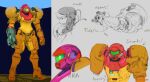  1girl arm_cannon artist_name clenched_hand concept_art english_commentary helmet looking_ahead metroid multiple_views power_armor redesign robogabo samus_aran science_fiction sketch varia_suit weapon 