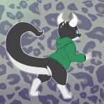  1:1 2022 absurd_res anthro azzyyeen biped black_body blue_eyes bottomless clothed clothing hi_res hoodie hoodie_only horn kobold looking_at_viewer looking_back looking_back_at_viewer male multicolored_body pattern_background raised_tail rear_view simple_background solo topi_(topicoatl) topwear topwear_only two_tone_body white_body 