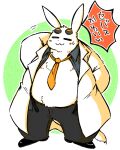  2022 anthro belly big_belly blush bottomwear clothed clothing eyes_closed giant_ojou-sama japanese_text kemono lagomorph leporid male mammal necktie okudami open_clothing open_shirt open_topwear overweight overweight_male pants rabbit shirt solo text topwear white_body 