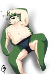  2022 anthro armpit_hair belly big_belly black_nose body_hair canid canine canis clothing domestic_dog eyes_closed gonda_29 green_body hi_res kemono lifewonders live-a-hero male mammal mokdai moobs navel nipples overweight overweight_male solo underwear video_games 