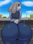  absurd_res anthro belt big_butt blue_clothing bottomwear butt clothing disney female hi_res huge_butt humanoid judy_hopps lagomorph leporid ll-ss looking_at_viewer looking_back mammal pants rabbit rear_view short_stack signature smile smiling_at_viewer solo thick_thighs topwear vest wide_hips zootopia 