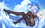  1girl absurdres ahoge bangs bell bird blue_hair blue_sky blush breasts brown_pantyhose cloud feet full_body ganyu_(genshin_impact) genshin_impact gold_trim highres horns legs lml long_hair looking_at_viewer medium_breasts neck_bell no_gloves no_shoes ocean panties panties_under_pantyhose pantyhose purple_eyes sidelocks sky sleeveless soles solo thighlet underwear water wavy_mouth wet white_panties 