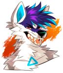  abstract_background anthro black_eyebrows blue_hair blue_inner_ear blue_inner_ear_fluff blue_markings brown_eyes bust_portrait canid cheek_tuft chest_markings chest_tuft eyebrows facial_tuft fangs front_view fur glistening glistening_hair grey_body grey_ears grey_fur hair inner_ear_fluff looking_at_viewer male mammal markings multicolored_hair narrowed_eyes neck_tuft open_mouth pink_tongue portrait princelykaden purple_hair solo tongue tuft two_tone_hair white_body white_ears white_fur 