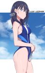  1girl bangs black_hair blue_eyes breasts closed_mouth commentary_request competition_swimsuit copyright_name gridman_universe highres long_hair looking_at_viewer medium_breasts one-piece_swimsuit showhey!! solo ssss.gridman swim_cap swim_cap_removed swimsuit takarada_rikka thighs wet 