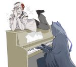  2boys animal_ears arknights bishounen black_gloves blush cat_boy cat_ears elysium_(arknights) gloves hand_on_own_face hand_up hood instrument inverseku leg_up lying male_focus multicolored_hair multiple_boys on_stomach phantom_(arknights) piano red_hair simple_background smile sparkle streaked_hair white_background white_hair 