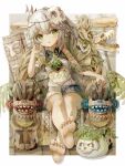  1girl barefoot blush buxue_luo_li_tang elf feet full_body genshin_impact green_eyes hair_ornament looking_at_viewer mask midriff nahida_(genshin_impact) pointy_ears sitting skull_hair_ornament soles symbol-shaped_pupils toes vision_(genshin_impact) white_hair 