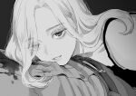  1boy 1girl absurdres belt belt_buckle buckle buttons collarbone grey_background greyscale grin hair_strand highres katsuoboshi lips long_hair looking_at_viewer monochrome original smile solo 