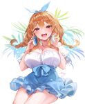  1girl bangs bare_shoulders birthday blonde_hair blue_skirt blush bow braid breasts brown_hair cleavage collarbone commentary_request cowboy_shot crossed_bangs curvy dress frilled_sleeves frills hair_between_eyes hair_bow hands_up headphones headphones_around_neck highres holding holding_headphones indie_virtual_youtuber kanola_u large_breasts legs_together long_hair looking_at_viewer off-shoulder_dress off_shoulder open_mouth orange_hair original palm_leaf red_eyes shirt sidelocks simple_background sitting skirt smile solo teeth thick_thighs thighs twin_braids upper_teeth white_background white_shirt 