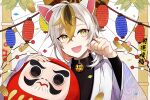  1boy 1pinpon :d animal_ears bangs black_hair blonde_hair blush cat_ears confetti daruma_doll haori highres japanese_clothes jewelry lantern long_hair long_sleeves male_focus maneki-neko mole mole_under_eye multicolored_hair nail_polish new_year open_mouth original paper_lantern paw_pose personification ponytail ring smile solo white_hair wide_sleeves yellow_eyes zipper_pull_tab 