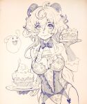  1girl bell bow bowtie breasts cake cleavage cowbell detached_collar food fur_trim ganyu_(genshin_impact) genshin_impact gloves greyscale hair_between_eyes holding holding_plate horns ink_(medium) leotard long_hair looking_at_viewer medium_breasts monochrome neck_bell philiera plate russian_commentary smile solo traditional_media very_long_hair white_background 