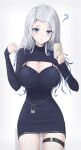  1girl ? absurdres black_dress blue_eyes breasts cleavage closed_mouth cowgirl_position dress grey_hair highres kingudejii large_breasts looking_at_viewer narrow_waist original pencil_dress selfie solo straddling straight-on thighs tight tight_dress white_hair wide_hips 