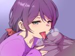  1boy 1girl boxers bulge collarbone duke_(inu_daimyou) erection erection_under_clothes green_eyes hair_ornament hair_scrunchie hetero licking long_hair love_live! love_live!_school_idol_project low_ponytail male_underwear pink_nails purple_hair scrunchie sleeves_past_wrists tongue tongue_out toujou_nozomi underwear 