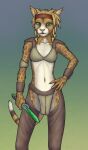  5_fingers accessory anthro armband armor bethesda_softworks biped bottomwear bra_armor bracelet braided_hair breasts brown_body brown_fur chaps claws clothed clothing counters countershade_face countershade_legs countershade_torso countershading dagger dawnlux digital_media_(artwork) dipstick_tail felid feline female fingers fur green_eyes hair hair_accessory headband hi_res holding_object holding_weapon jewelry khajiit knife looking_at_viewer mammal markings melee_weapon multicolored_body multicolored_fur multicolored_tail orange_body orange_fur pink_nose pubic_mound ring_(marking) ringtail simple_background skimpy slim small_breasts small_waist solo spots spotted_body standing tail_markings the_elder_scrolls topwear video_games weapon white_body white_fur 