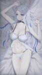  1girl absurdres blue_eyes breasts choker cleavage closed_mouth collarbone dress grey_hair highres kingudejii large_breasts lingerie looking_at_viewer lying narrow_waist navel on_back on_bed open_mouth original pajamas panties solo stomach thighs underwear white_hair white_panties wide_hips 