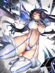  1girl absurdres ass_visible_through_thighs black_hair boots breasts cameltoe cleavage covered_nipples gloves highres holding holding_sword holding_weapon jinlin kill_la_kill kiryuuin_satsuki large_breasts long_hair looking_at_viewer midair navel outstretched_arm parted_lips purple_eyes revealing_clothes simple_background solo stomach sword thigh_boots very_long_hair weapon white_background white_footwear white_gloves 