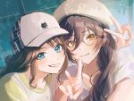  2girls baseball_cap beret bespectacled blue_eyes blush brown_hair glasses grin hair_over_shoulder hat highres idolmaster idolmaster_shiny_colors looking_at_viewer mitsumine_yuika multiple_girls outdoors paddy_field selfie shadow shirase_sakuya side_ponytail smile upper_body v yellow_eyes 