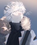  1boy absurdres animal_ears arknights ashui_ashui bear_boy bear_ears bishounen black_shirt fur_collar grey_eyes grey_hair hair_over_one_eye highres jacket jaye_(arknights) looking_up male_focus shirt short_hair solo sweater turtleneck turtleneck_sweater upper_body wind 