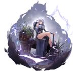  1girl asymmetrical_legwear bai_yuekui_(tower_of_fantasy) boots closed_mouth crossed_legs frown full_body fur_trim game_cg long_hair looking_at_viewer looking_down messy_hair official_art plant sitting solo thighhighs third-party_source tower_of_fantasy transparent_background white_hair 