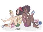  2girls ^_^ anklet aoaomzir barefoot blush book bracelet brown_hair character_doll closed_eyes closed_mouth commentary_request dark-skinned_female dark_skin earrings floral_print from_side green_shorts hat heart heart_in_mouth highres jewelry multiple_girls olivia_(pokemon) open_mouth pink_shirt pokemon pokemon_(game) pokemon_sm purple_shorts reading red_headwear selene_(pokemon) shirt short_sleeves shorts sitting stufful tearing_up tied_shirt toes yellow_shirt z-ring 