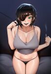  1girl absurdres breasts chainsaw_man cigarette cleavage collarbone crop_top eyepatch green_eyes grey_panties grey_tank_top highres himeno_(chainsaw_man) kevbot large_breasts legs_together looking_at_viewer navel open_mouth panties short_hair smile smoke solo stomach tank_top underwear 