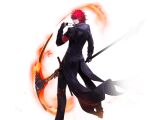  1boy artist_request blue_eyes fire holding holding_scythe king_(tower_of_fantasy) long_sleeves looking_at_viewer looking_back official_art pants red_hair scythe short_hair solo sunglasses tower_of_fantasy trench_coat 