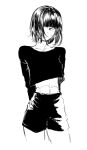  1girl closed_mouth commentary greyscale highres kotoyama looking_at_viewer midriff monochrome original short_hair shorts simple_background solo white_background 