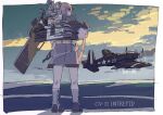  1girl aircraft aircraft_request airplane black_shirt blue_eyes blue_sky brown_hair character_name cloud flight_deck from_behind full_body gradient_sky grey_skirt gun intrepid_(kancolle) jura_cambri kantai_collection m1903_springfield machinery neck_pillow ponytail rifle shirt short_hair skirt sky solo standing weapon 