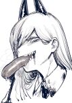  1girl chainsaw_man close-up cross-shaped_pupils demon_horns dripping eating food fork greyscale hair_over_one_eye holding holding_fork horns hot_dog long_hair looking_at_viewer meat monochrome open_mouth power_(chainsaw_man) sharp_teeth sketch smile smoke solo spacezin teeth upper_body 