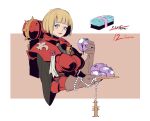  1girl adepta_sororitas blonde_hair blue_eyes bob_cut food gloves looking_at_viewer power_armor purity_seal rmulderz rosary solo sushi warhammer_40k 