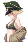  1girl bikini blonde_hair breasts brown_bikini brown_eyes brown_jacket cleavage closed_mouth commentary erwin_(girls_und_panzer) girls_und_panzer goggles goggles_on_headwear green_headwear groin halterneck hands_in_pockets hat highres holding jacket jacket_pull kuzuryuu_kennosuke long_sleeves looking_at_viewer medium_breasts military_hat military_jacket navel off_shoulder open_clothes open_jacket peaked_cap pointy_hair short_hair simple_background smile solo swimsuit upper_body white_background 