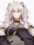  1girl absurdres ahoge animal_ears black_nails breasts ear_piercing fang fur-trimmed_jacket fur_trim fuse grey_eyes grey_hair highres hololive jacket large_breasts lion_ears long_hair piercing shirt shishiro_botan sleeveless sleeveless_shirt ssrb virtual_youtuber yamaki_(yamaki801) 