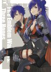  1boy 1girl armor asymmetrical_clothes bangs breasts cape choker cleavage closed_mouth dual_persona fire_emblem fire_emblem:_three_houses fire_emblem_warriors:_three_hopes gloves hair_bun hair_over_one_eye large_breasts long_hair looking_at_viewer masakikazuyoshi purple_eyes purple_hair shez_(fire_emblem) shez_(fire_emblem)_(female) shez_(fire_emblem)_(male) simple_background single_hair_bun smile 