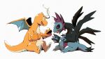  :d bluekomadori claws closed_eyes commentary dragonite from_side hand_puppet highres hydreigon open_mouth pokemon puppet simple_background sitting smile symbol-only_commentary white_background 