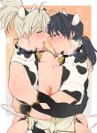  2boys after_kiss animal_ears ass black_hair chinese_zodiac cow_ears cow_horns cow_tail detached_sleeves elbow_gloves eye_contact face-to-face gloves heart high_ponytail horns hug kemonomimi_mode large_pectorals looking_at_another male_focus multiple_boys original pectoral_docking pectoral_press pectorals revealing_clothes saliva saliva_trail spoken_heart tail tongue tongue_out trgm yaoi year_of_the_ox 