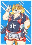  anthro blonde_hair blush bulge canid canine canis clothing domestic_dog eyewear floppy_ears goggles grin hair harness hi_res hisaki_(live-a-hero) lifewonders live-a-hero male mammal one_eye_closed ottyo_kope pouches smile solo swimwear video_games wink 