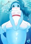  absurd_res anthro blue_body blue_hair blush brand_new_animal breasts cetacean clothed clothing covering covering_crotch delphinoid dress female hair hi_res looking_at_viewer mammal marine nina_flip nipple_outline nipples puniwanko smile solo studio_trigger tongue tongue_out toothed_whale underwater water 