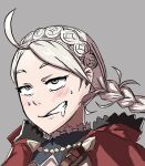  ahegao ahoge aroused bangs blush braid buttons capelet choker damagefloor drooling fire_emblem fire_emblem_fates hairband hood hood_down hooded_capelet leather_strap low_twintails nina_(fire_emblem) parted_bangs portrait red_capelet red_hood smile solo sweat turtleneck twin_braids twintails white_choker white_hairband 