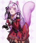  1girl :d animal_ears black_gloves black_hairband black_ribbon claw_ring dress drill_hair fang gloves hair_ribbon hairband highres hyakumantenbara_salome nijisanji purple_eyes purple_hair red_dress ribbon smile solo squirrel_ears squirrel_girl squirrel_tail suzumoto_moyo tail thigh_strap thighhighs virtual_youtuber 