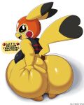  &lt;3 2022 absurd_res anthro anus barefoot big_breasts big_butt bottomless breasts butt butt_focus butt_grab butt_squish cleft_tail clothed clothing cosplay_pikachu_(costume) deep_skin dialogue edit english_text feet female generation_1_pokemon genitals hand_on_butt hi_res huge_butt kneeling looking_at_viewer mask nintendo open_mouth open_smile pikachu pikachu_libre pok&eacute;mon pok&eacute;mon_(species) pussy short_stack signature simple_background smile solo speech_bubble squish talking_to_viewer teeth text tongue ultrastax video_games white_background yellow_body yellow_skin 
