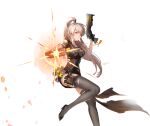  1girl arm_tattoo bird blonde_hair closed_mouth dual_wielding expressionless gun holding long_hair looking_at_viewer official_art ponytail samir_(tower_of_fantasy) short_sleeves solo tattoo thighhighs tower_of_fantasy weapon yellow_eyes 