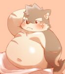  anthro bedding belly blanket blush canid canine canis domestic_dog eyebrows fur grey_body grey_fur hi_res lifewonders male mammal moritaka navel nude overweight scar solo thick_eyebrows tokyo_afterschool_summoners tsukamotogg video_games waking_up 