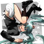  1girl :d @_@ bangs blue_eyes blue_hair blush collared_shirt commentary hatsune_miku hayato_noda highres long_hair lying midriff open_mouth pleated_skirt popped_collar ringed_eyes rolling_girl_(vocaloid) shirt skirt smile socks solo sweat sweater twintails upside-down very_long_hair vocaloid 